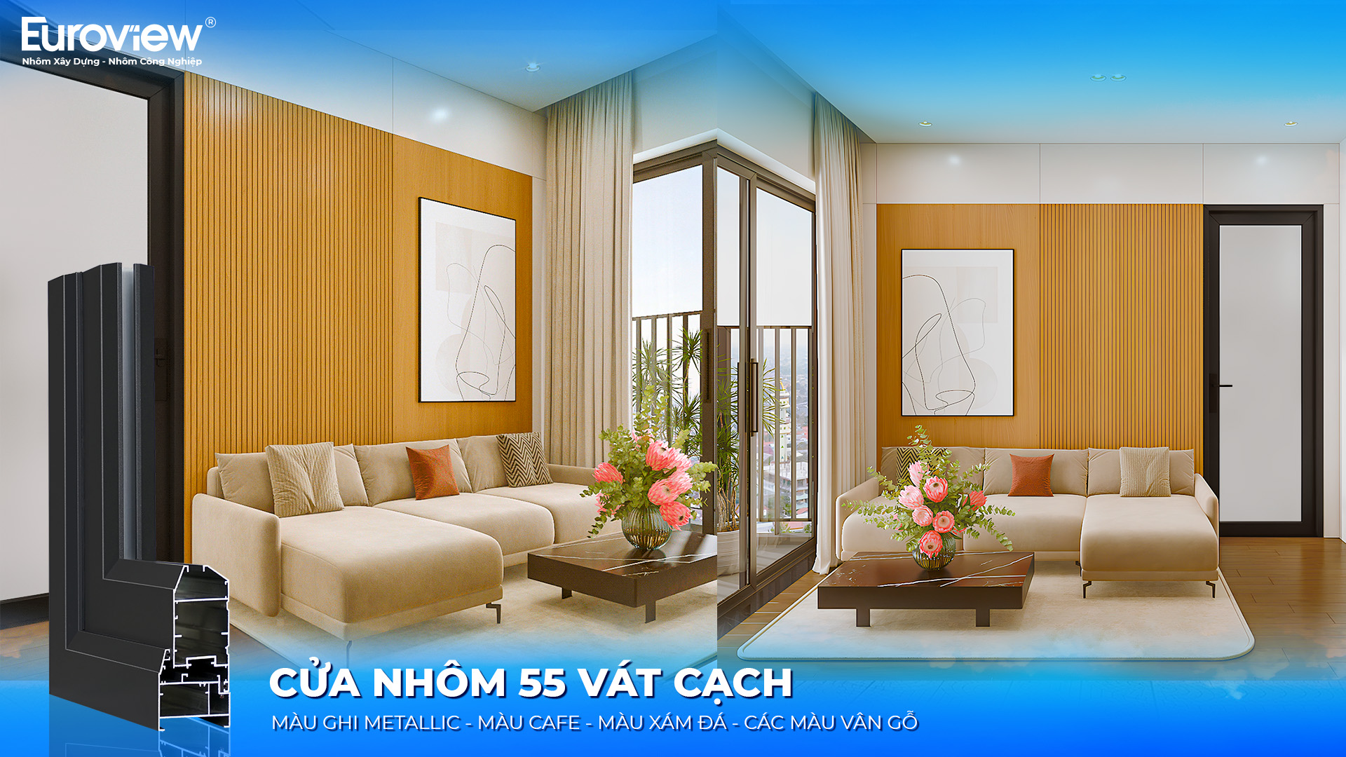 Cửa nhôm hệ 55 vát cạnh